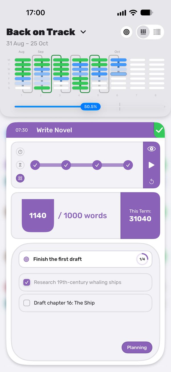 Write Novel: a Pomodoro timer and a 1,000-word Quota